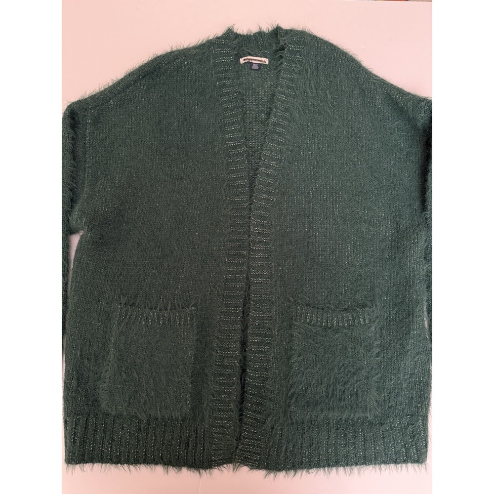 American Eagle Women Small Cardigan Green Fuzzy Knit Open Front Cozy Preppy NEW